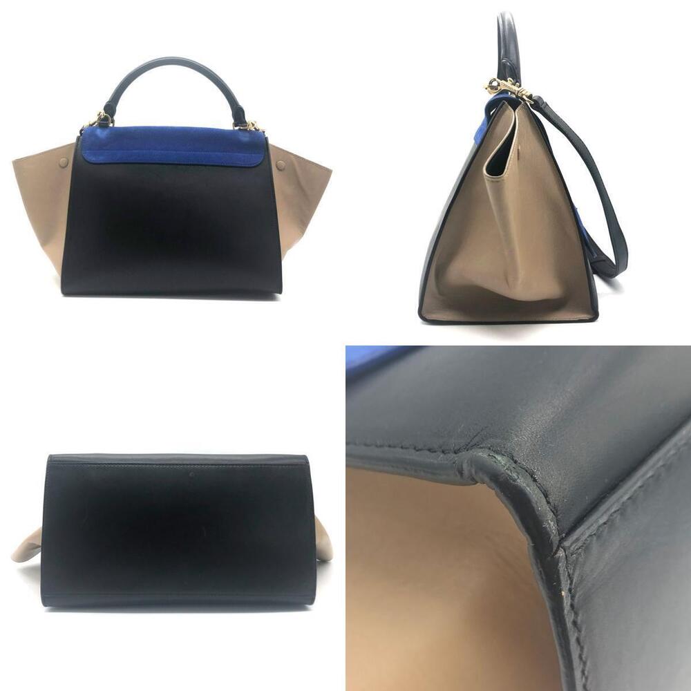 Celine Bag 2way beige leather blue Shoulder trapeze black